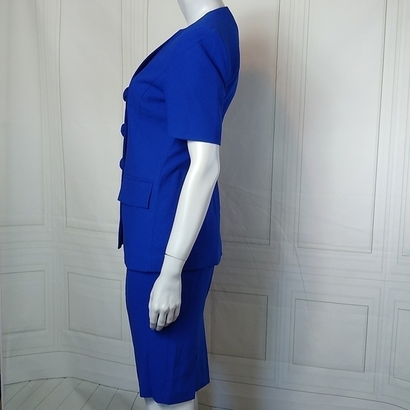 Le Suit Petite SZ 4P Royal Blue Early 90's Retro Short Sleeve Suit Skirt Set - Picture 4 of 15